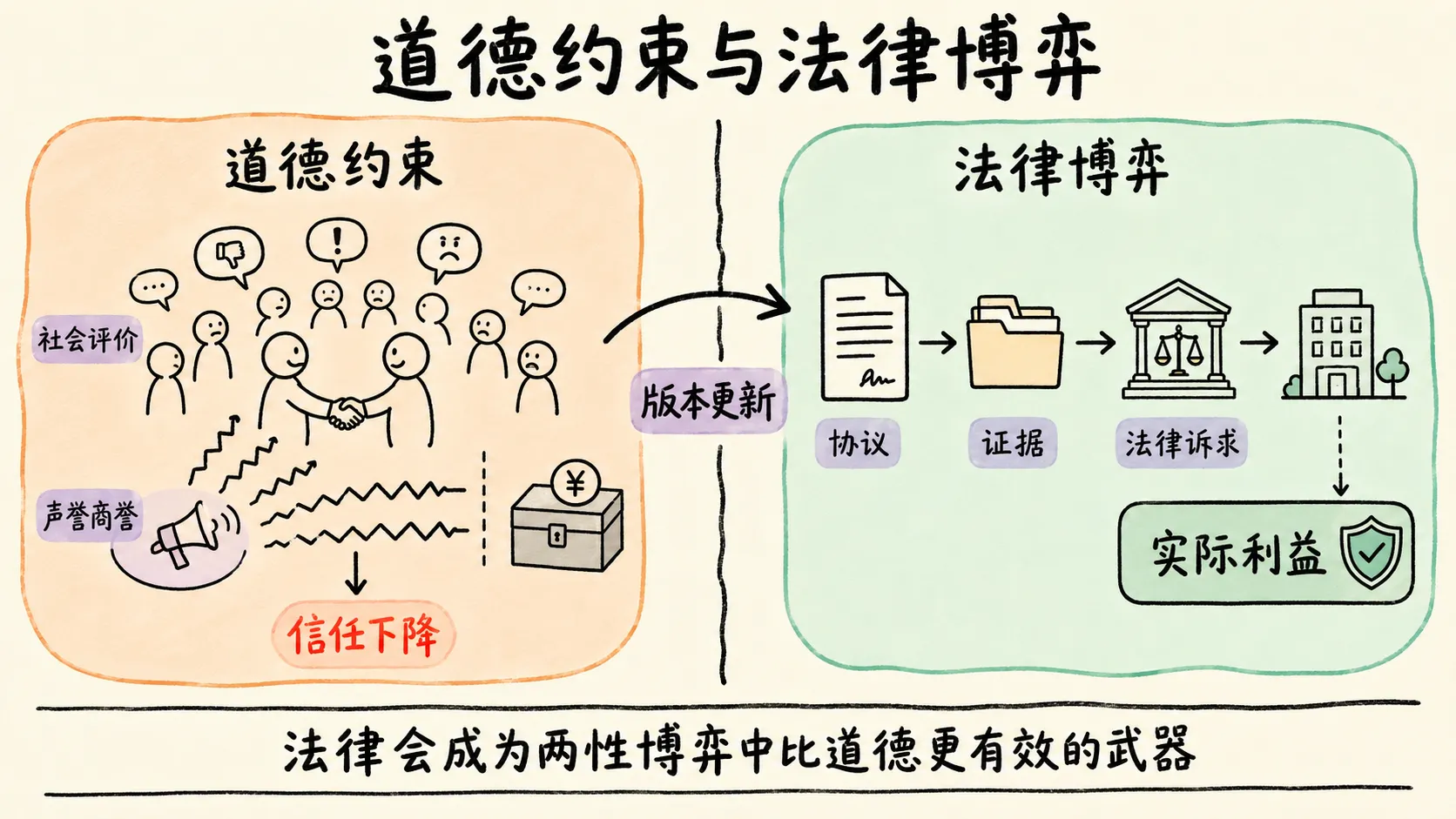 手绘信息图：左侧道德约束（社会评价、声誉商誉），右侧法律博弈（协议、证据、法律诉求），箭头标注版本更新