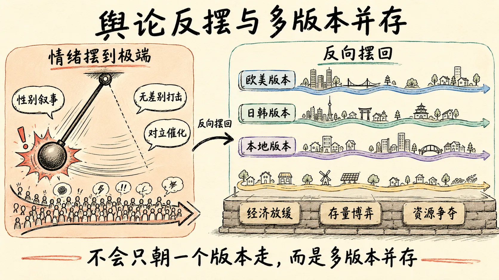 手绘信息图：舆论像钟摆摆到极端后反向摆回，社会多版本并存