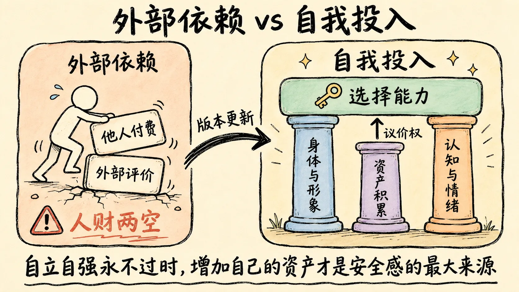 手绘信息图：外部依赖（人财两空）对比自我投入（选择能力、议价权、身体与形象、资产积累）