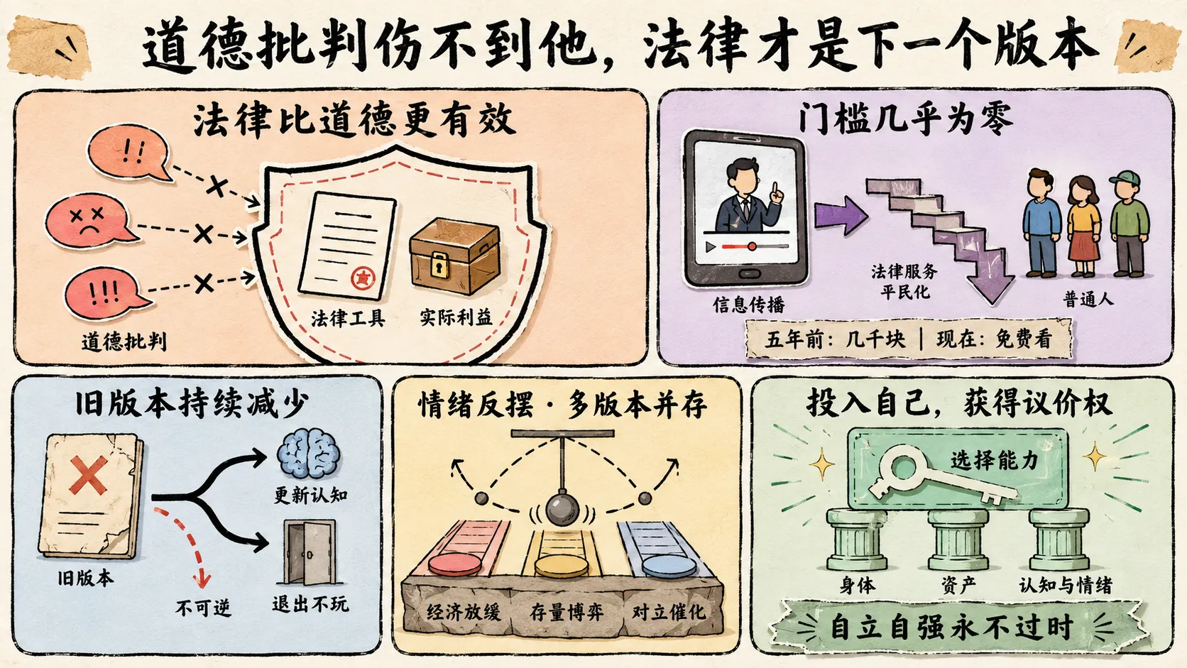 手绘信息图：全文核心信息汇总——法律比道德更有效、门槛几乎为零、旧版本持续减少、情绪反摆、投入自己获得议价权